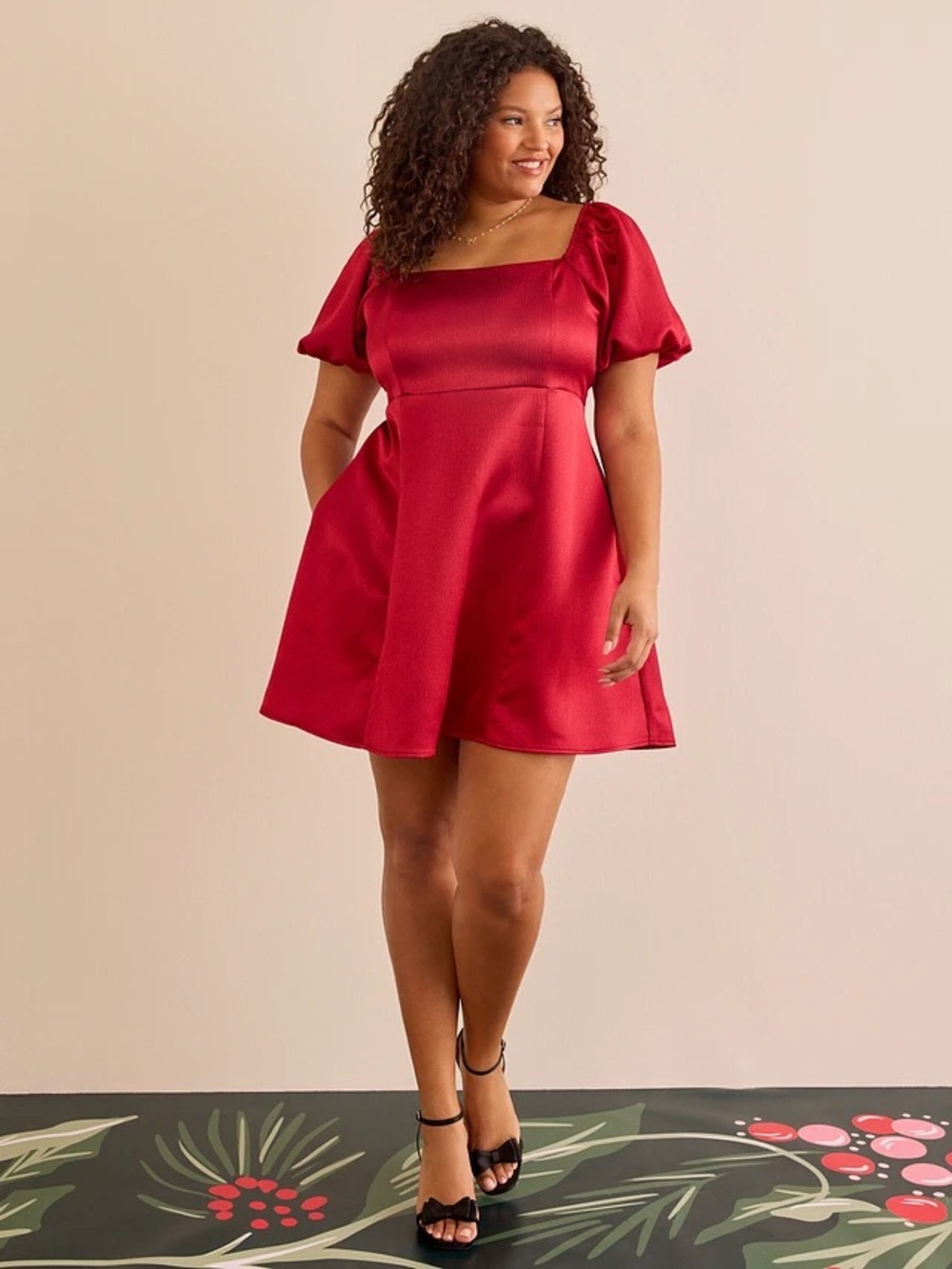 ARULA Red Square-Neck Puff Sleeve Mini Dress